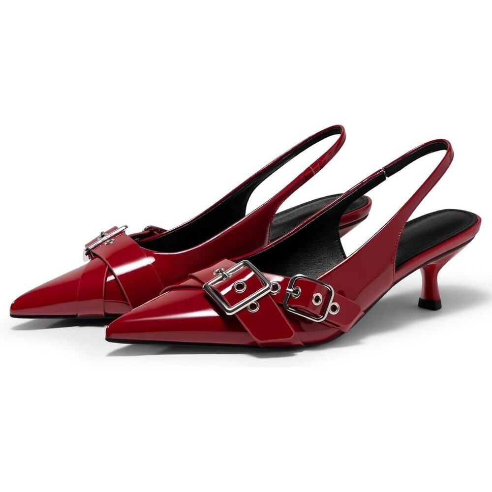 Coutgo Women's Red Slingback Closed Pointed Toe Studded Buckle Strap High Heel